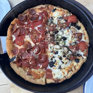 Half Pepperoni Classico Pizza and Half Roasted Olive Pizza