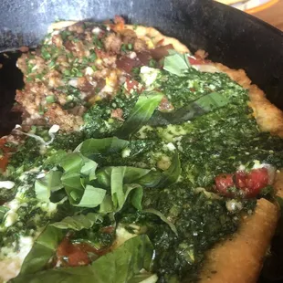 Half pesto and half corn n sausage