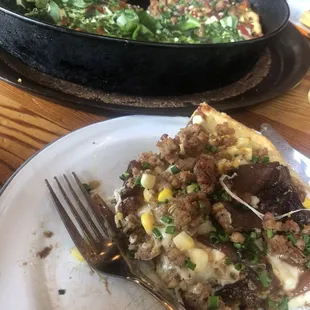 Half pesto and half corn n sausage