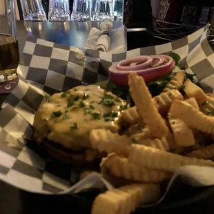 Dover Garden burger, fries and what left of a 1 cent Labatt.