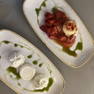 this was the strawberry rhubarb panna cotta. Someone in our party couldn&apos;t eat dairy so we asked to deconstruct it. Delish!