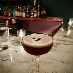 Numéro 83 (Mezcal, Coffee, Cinnamon, Vanilla, Mole Bitters). A less basic espresso martini