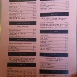 the menu and prices