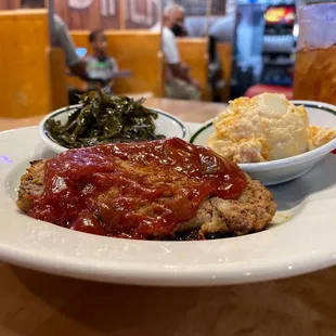 Granny&apos;s Meatloaf with potato salad and collard greens.