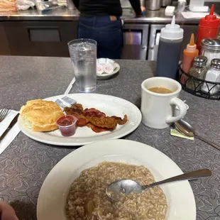 Apple oatmeal, with a side of bacon and biscuits