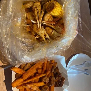 King crab claws and alligator.