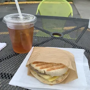 Vegan breakfast sandwich, iced tea