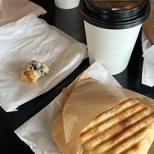 Breakfast sandwiches, blueberry scone (too good to wait for pic), coconut milk and hazelnut lattes