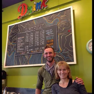 Josh Reed, designer of the menu, with Ronni Fields, owner of down pour coffee bar