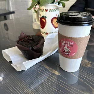 Large Hot Americano and chocolate espresso muffin