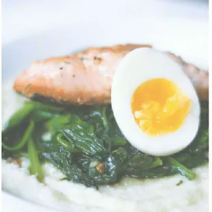 Grilled salmon, spinach, grits,&amp; boiled egg