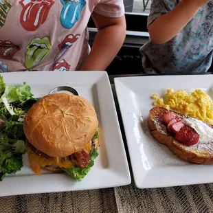 Bacon Cheeseburger, 1 Slice French Toast club sandwich and vegan burrito.
