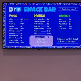 Snack bar menu