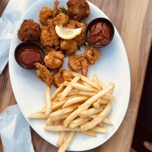 Fried Shrimp &amp; french fries with a side of hush puppies