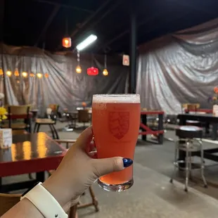 a person holding a glass of beer