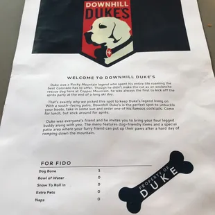 The Dog menu!!  For Well behaved/disciplined dogs Leave your untrained the $125.00 service dog diploma in you room!!