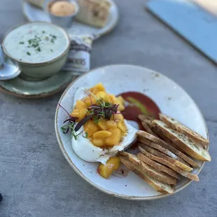 Burrata appetizer, clam chowder