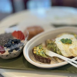 Avacado toast &amp; overnight oats (cold oatmeal) - the toast was fantastic &amp; surprisingly filling