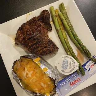 Sirloin Steak, Loaded Baked Potato and Asparagus