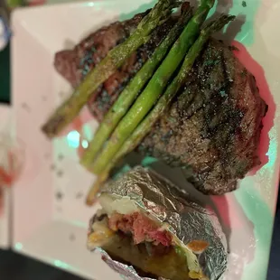 12oz ribeye, asparagus, loaded baked potato