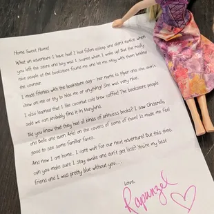 Daughter left her beloved doll at the shop on vacation.  We received this in the mail shortly after
