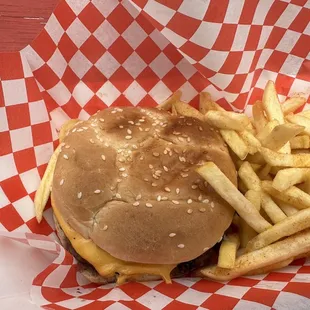 a hamburger and french fries