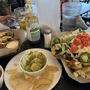 Veggie nachos and steak quesadillas