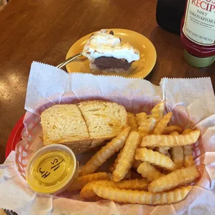 Pimento Cheese sandwich with fries, and their famous Tooter&apos;s Chocolate Pie!