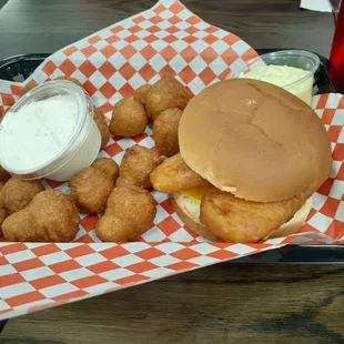 Fried fish sandwich and Fried mushrooms