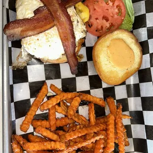 The Breakfast Smash Burger with sweet potato fries