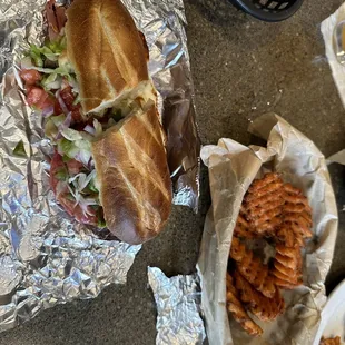 Grinder with sweet potato fries.  Amazing food.  They even have garlic mayo that is so good and goes with the fries.  Awesome place.