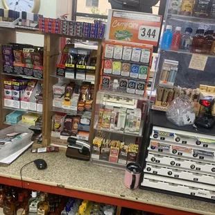 a counter with a variety of food items