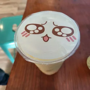 Mango tea with dragon fruit bubbles