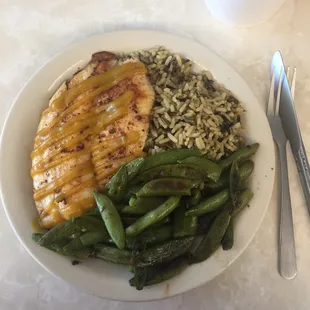 Grilled tilapia, snap peas and rice. Very tasty!