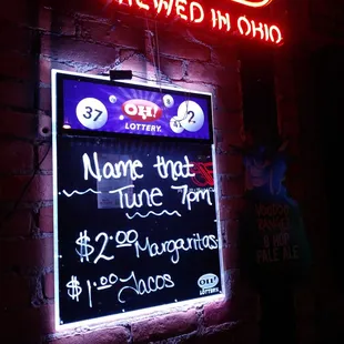 Every monday music trivia 2 margs 1.50 tacos