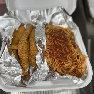 Fried catfish and spaghetti