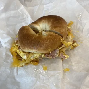 Hand and cheese breakfast bagel. You can customize it to you liking with veggies too