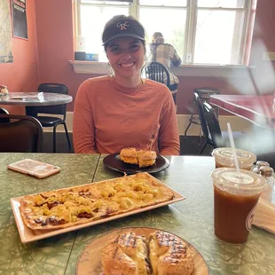 Breakfast sandwiches , sweet breakfast flatbread, and 2 iced lattes (caramel crunch and caramel bourbon) with almond milk!