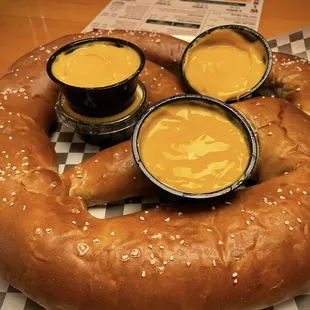 Giant(24oz.) pretzel with cheese sauce $12.99