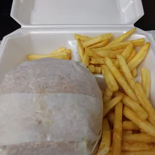 The LARGE homemade burger! Juicy and full of flavor. Eh the fries are a bonus