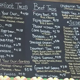 Breakfast Taco Menu