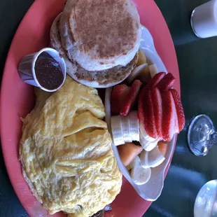 &quot;Imagine a Great Omelet&quot;, fruit bowl, English muffin.