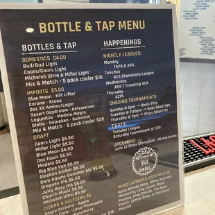 Beer and Miscellaneous menu