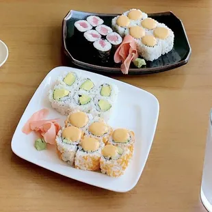 tuna roll, avocado roll, spicy california roll, and spicy salmon roll