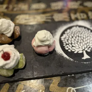 Chocolate, strawberry and green tea mochi ice cream