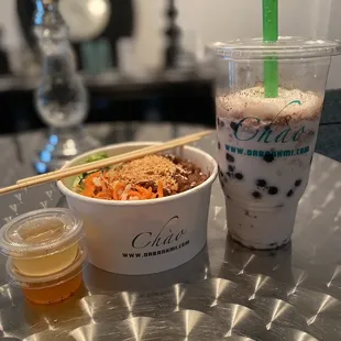 Chicken Vermicelli Bowl and Horchata slushy w/boba