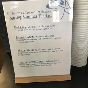 Jasmine tea clearly labeled with asterisks &quot;available hot or iced&quot;.