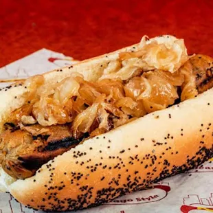 a hot dog with sauerkraut and onions