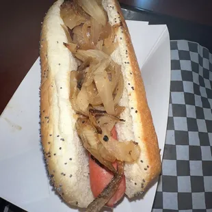 Hot dog with grilled onions