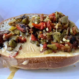 The New Mexico Dog, which comes covered with Green Chilis and Queso.